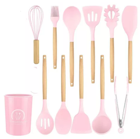 Set de Utensilios de Silicona 12 Piezas con Mango de Bambú
